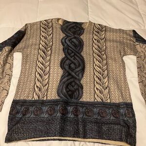 Trompe-L’Œil Cable Knit Print Sweater – Beige / Charcoal – Women’s Medium